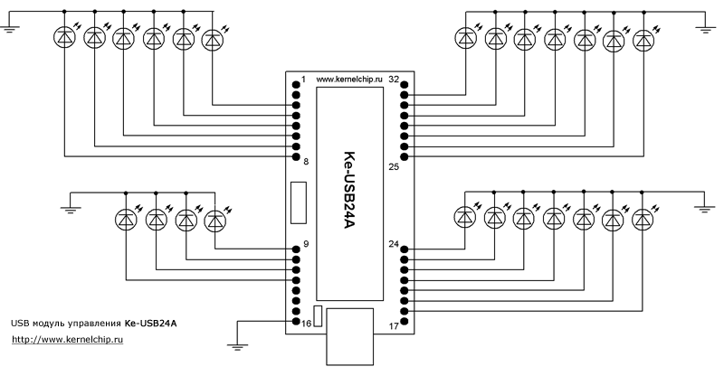 Схема подключения светодиодов к Ke-USB24A